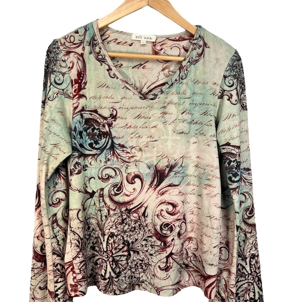 Xcit USA Baroque Script Scroll Print Long Sleeve‎ V Neck Top Boho Y2K Large